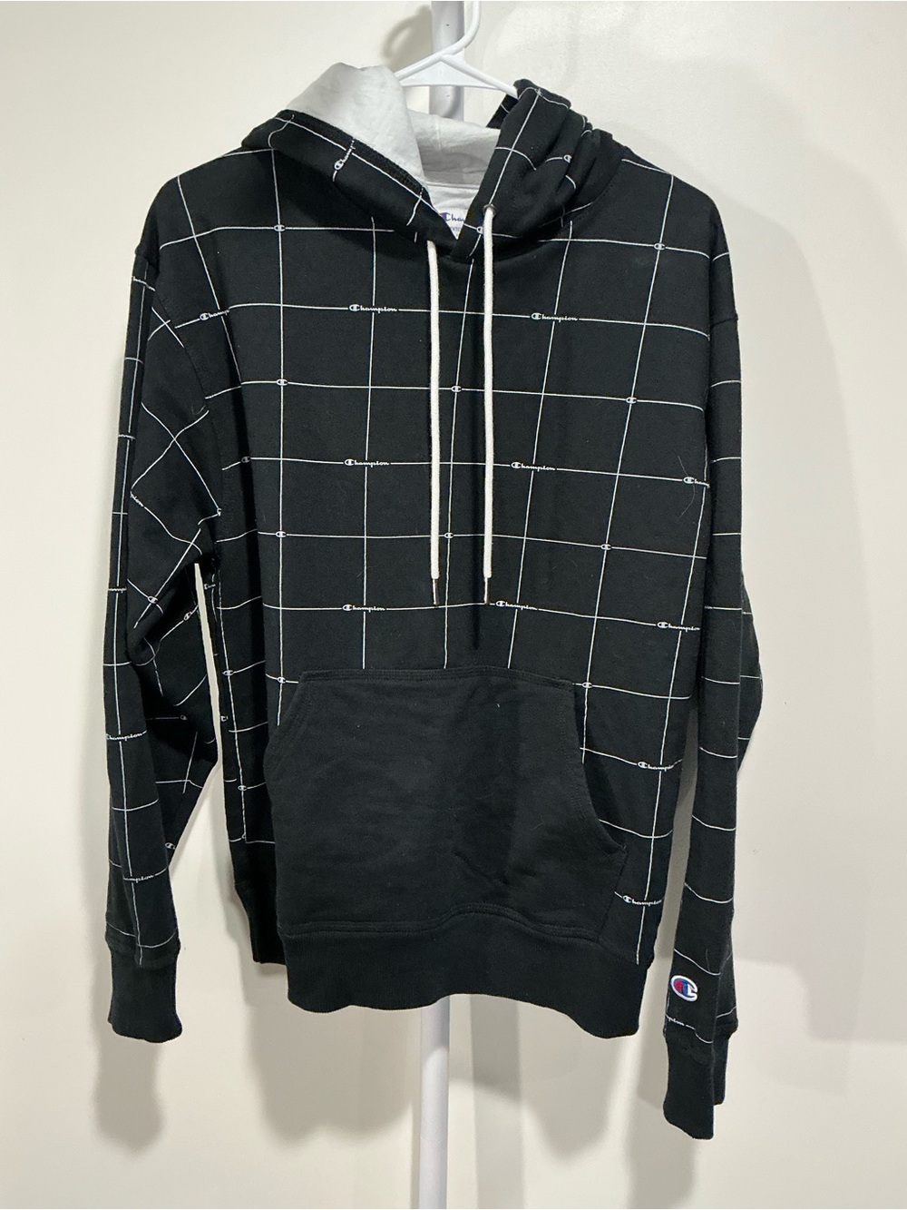 Champion Black Grid Pullover Hoodie with White Drawcords